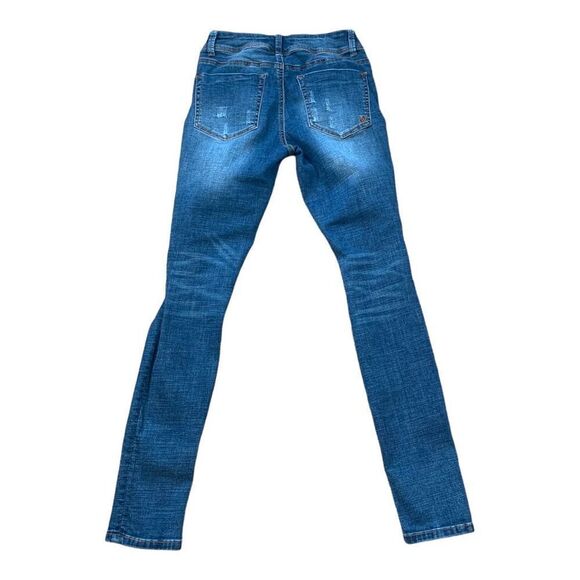 Indigo Rein Jeans Medium Wash Distressed Skinny Midrise Double Button - Picture 2 of 9